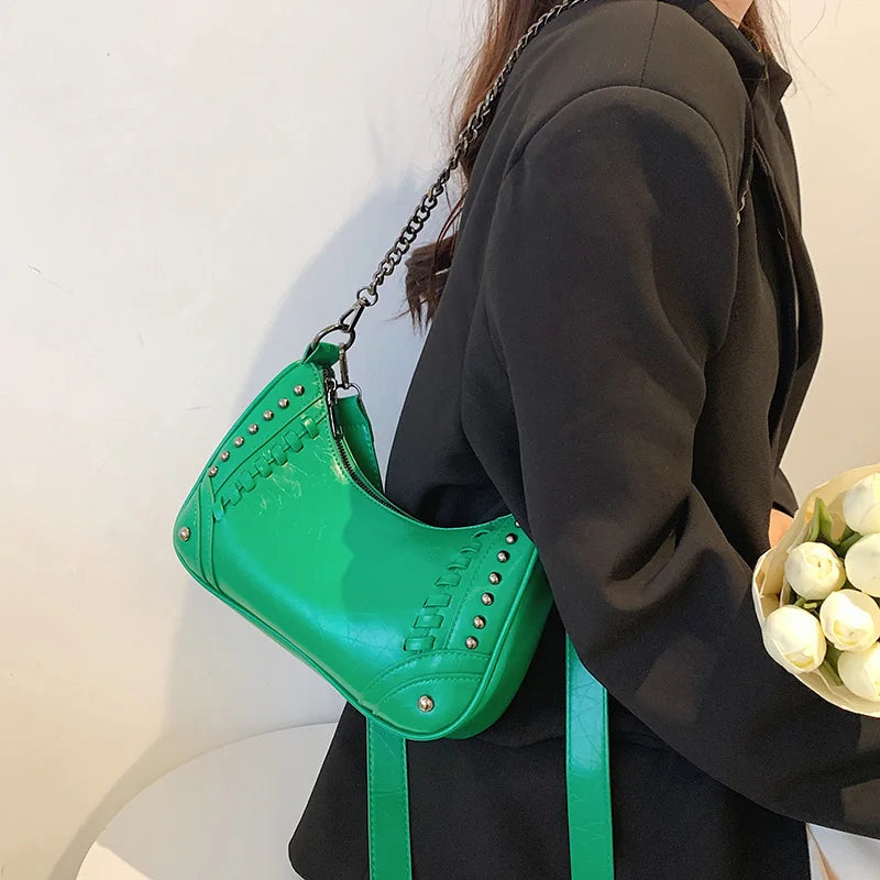 Women Green Rivets Axillary Bag Studded Half-Moon Bags