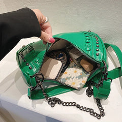Women Green Rivets Axillary Bag Studded Half-Moon Bags