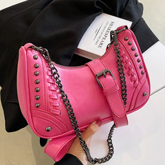 Women Green Rivets Axillary Bag Studded Half-Moon Bags