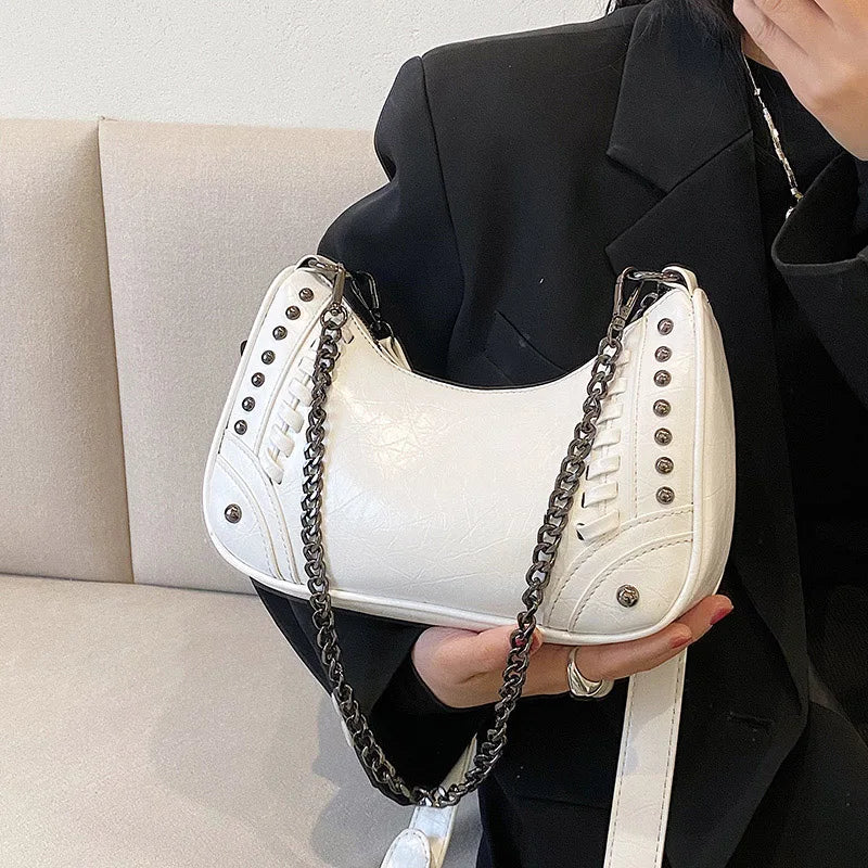 Women Green Rivets Axillary Bag Studded Half-Moon Bags
