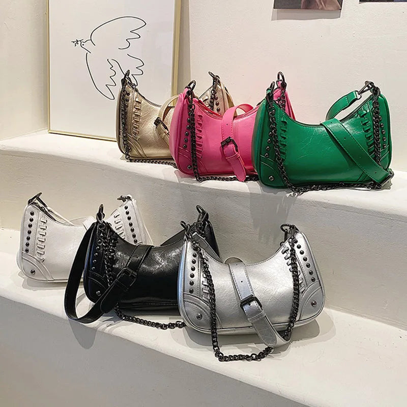 Women Green Rivets Axillary Bag Studded Half-Moon Bags