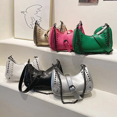 Women Green Rivets Axillary Bag Studded Half-Moon Bags