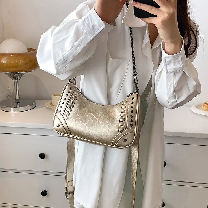 Women Green Rivets Axillary Bag Studded Half-Moon Bags