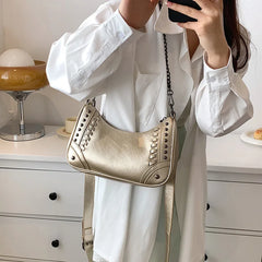Women Green Rivets Axillary Bag Studded Half-Moon Bags