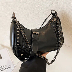 Women Green Rivets Axillary Bag Studded Half-Moon Bags