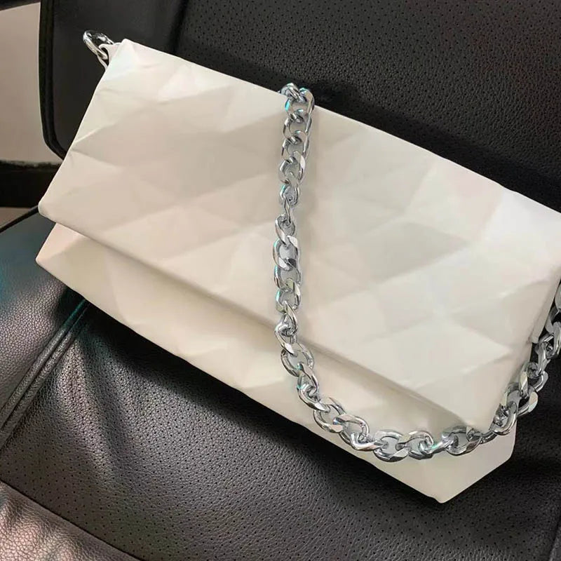 Geometric Shoulder Bag Metal Chain Crossbody Soft Leather Messenger