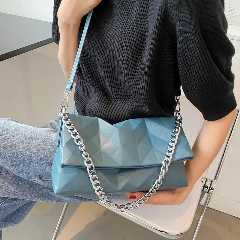 Geometric Shoulder Bag Metal Chain Crossbody Soft Leather Messenger