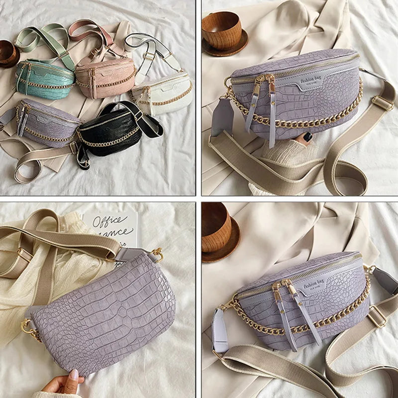 Women's Leather Chest Bag Chain Shoulder Crossbody Handbag