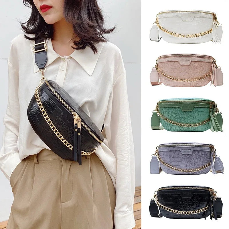 Women's Leather Chest Bag Chain Shoulder Crossbody Handbag