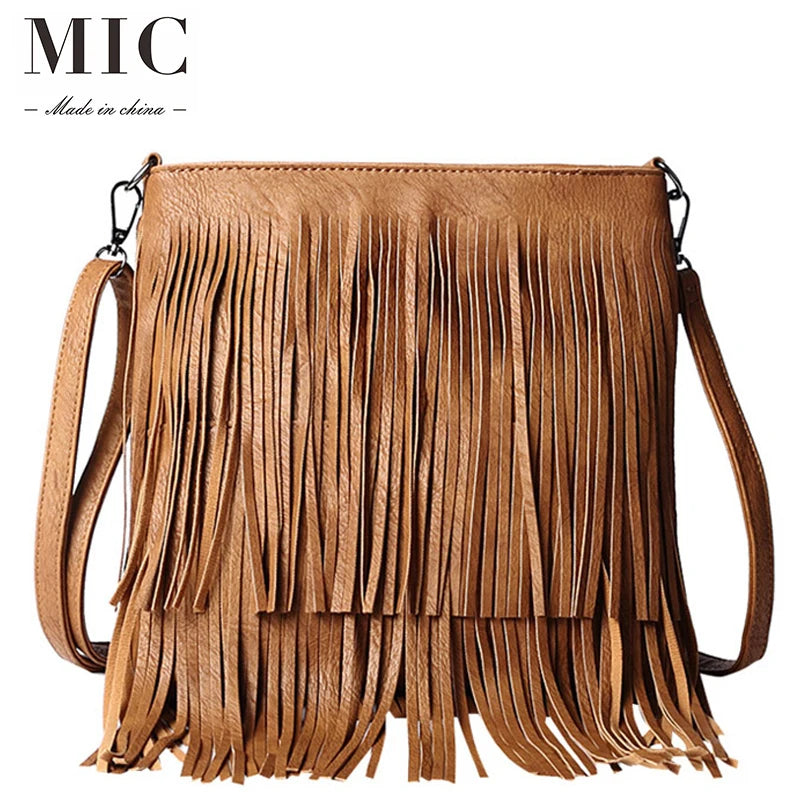 Fashionable Tassel Women's Bag PU Material Shoulder Bag Retro Style