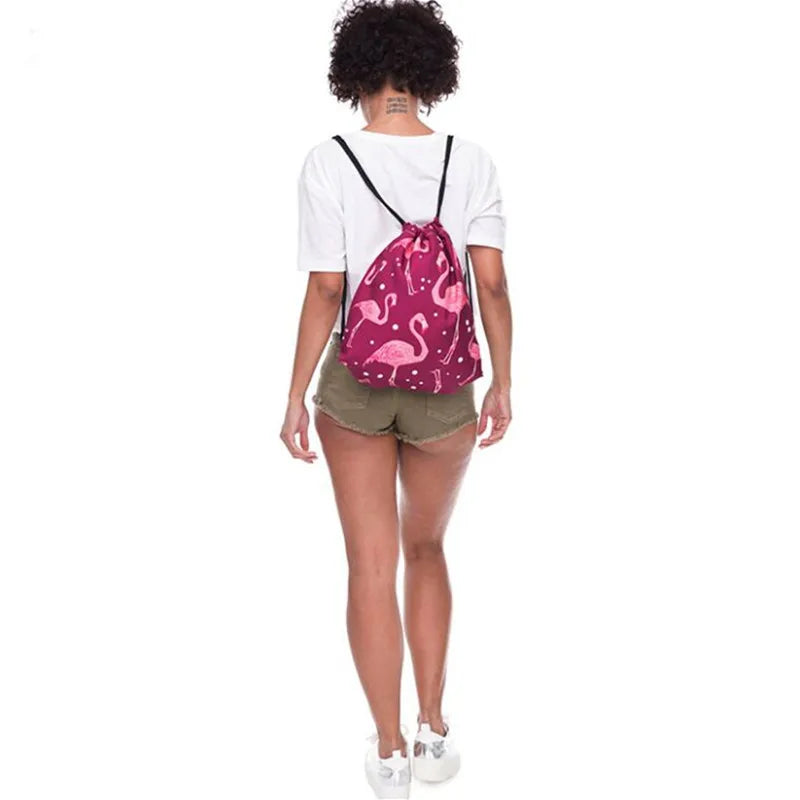 Red Flamingo 3D Print Drawstring Backpack for Women