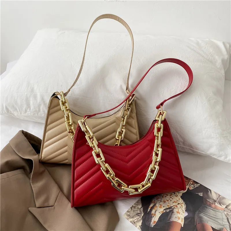 Embossed Underarm Bag PU Leather Chain Shoulder Bag