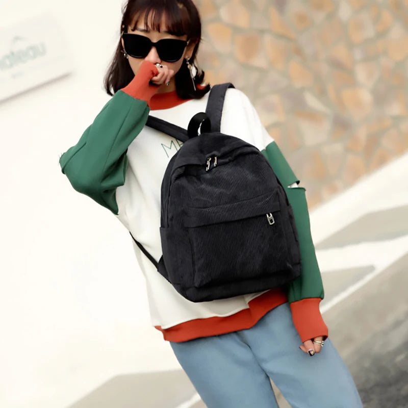 Corduroy School Bags for Teenagers Large Capacity Women Solid Backpack