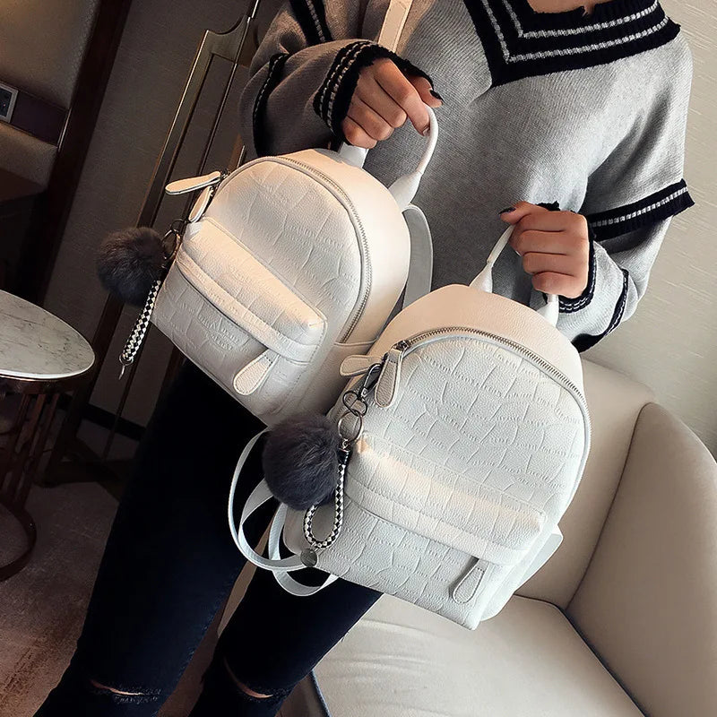 Mini PU Leather Backpacks Women School Bag Female Pack Stone Grain Bookbag