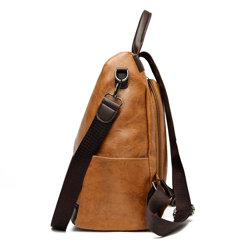 Vintage PU Leather Backpack Women Big Capacity Travel Backpack