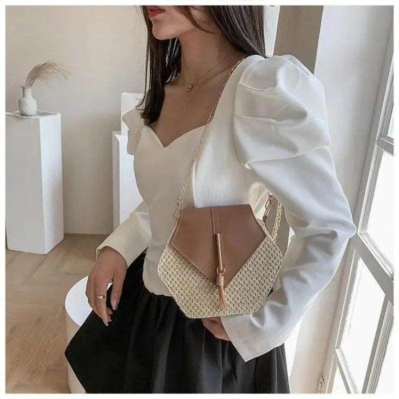 Vintage Straw Beach Bags Woven Shoulder Bag Circle Rattan Bohemian Handbags