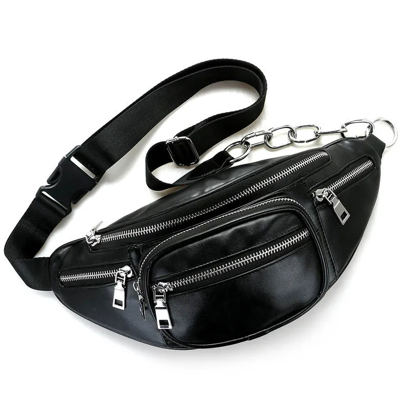 Women Waist Bag Casual PU Leather Chain Bananka Bag Zipper Chest Waist Bags