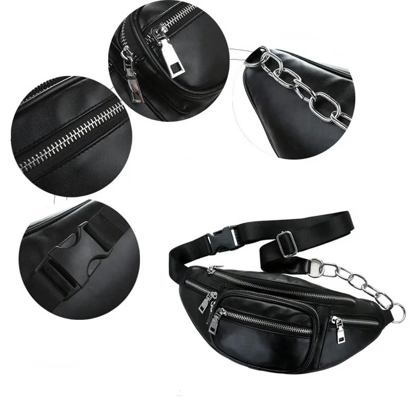 Women Waist Bag Casual PU Leather Chain Bananka Bag Zipper Chest Waist Bags