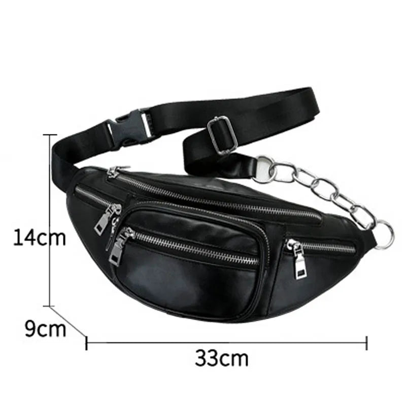 Women Waist Bag Casual PU Leather Chain Bananka Bag Zipper Chest Waist Bags