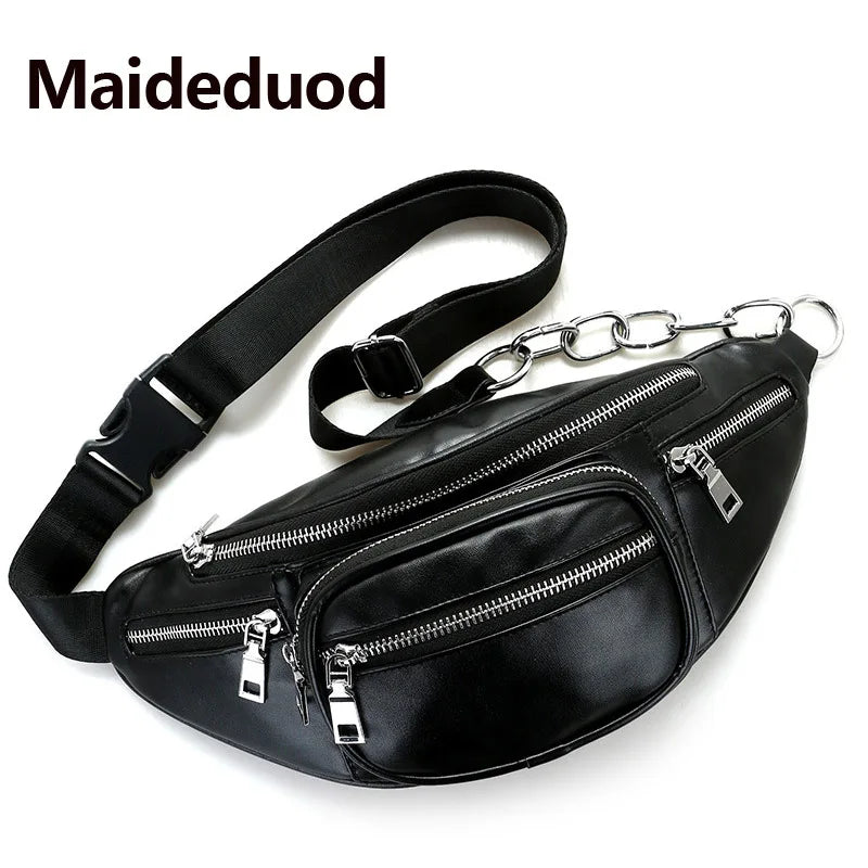 Women Waist Bag Casual PU Leather Chain Bananka Bag Zipper Chest Waist Bags