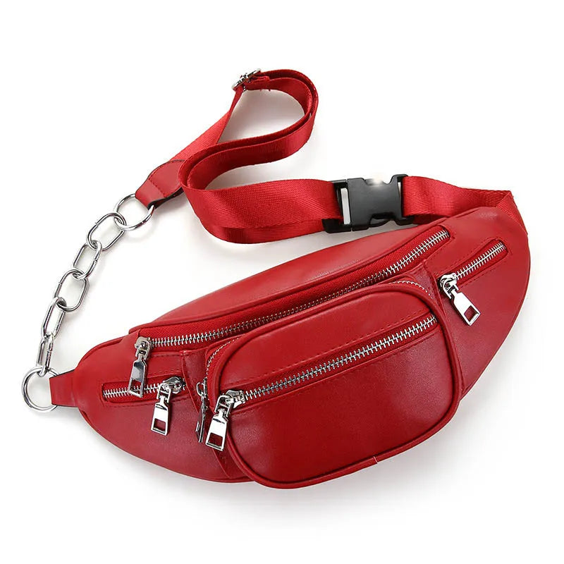 Women Waist Bag Casual PU Leather Chain Bananka Bag Zipper Chest Waist Bags