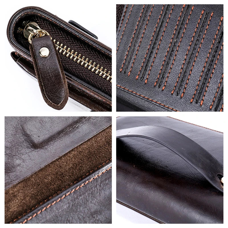 Men's Leather Zipper Clutch Long Wallet with Handle