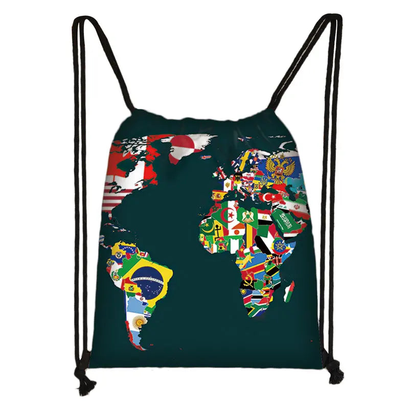 World Map Print Backpack Drawstring Bag Softback Shoulder Bag