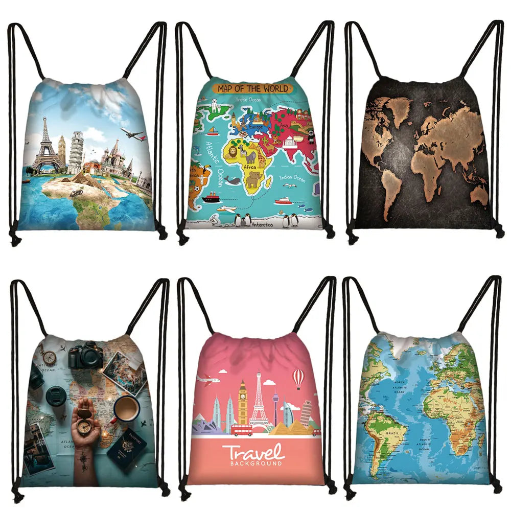 World Map Print Backpack Drawstring Bag Softback Shoulder Bag