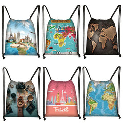World Map Print Backpack Drawstring Bag Softback Shoulder Bag