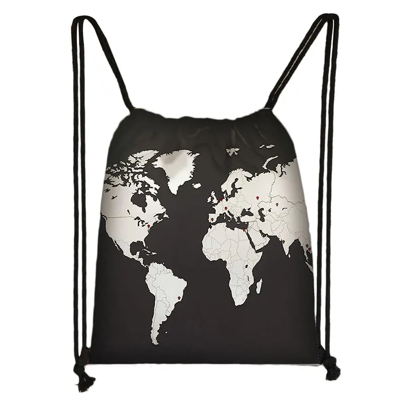 World Map Print Backpack Drawstring Bag Softback Shoulder Bag