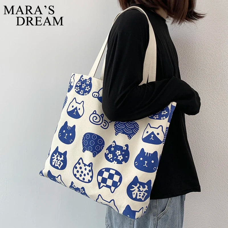 Mara's Dream Women Canvas Bags Cat Print Tote Shopping Bags