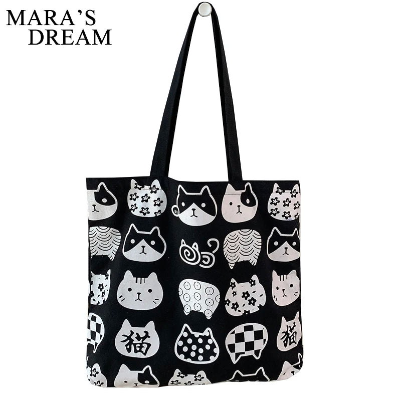 Mara's Dream Women Canvas Bags Cat Print Tote Shopping Bags