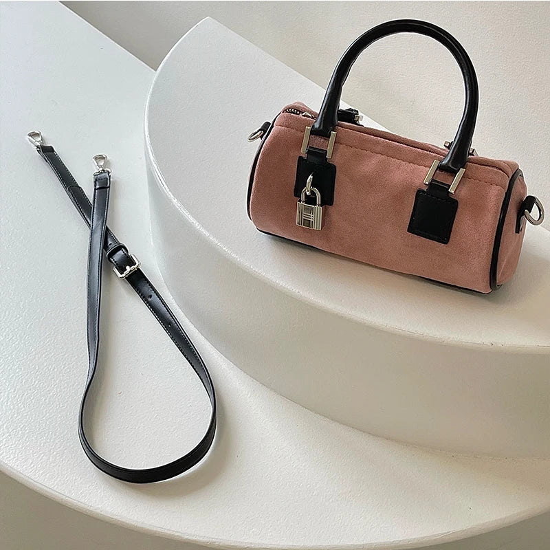Matte Leather Women's Shoulder Bag Pink Clutch Handbag Lock Cylinder