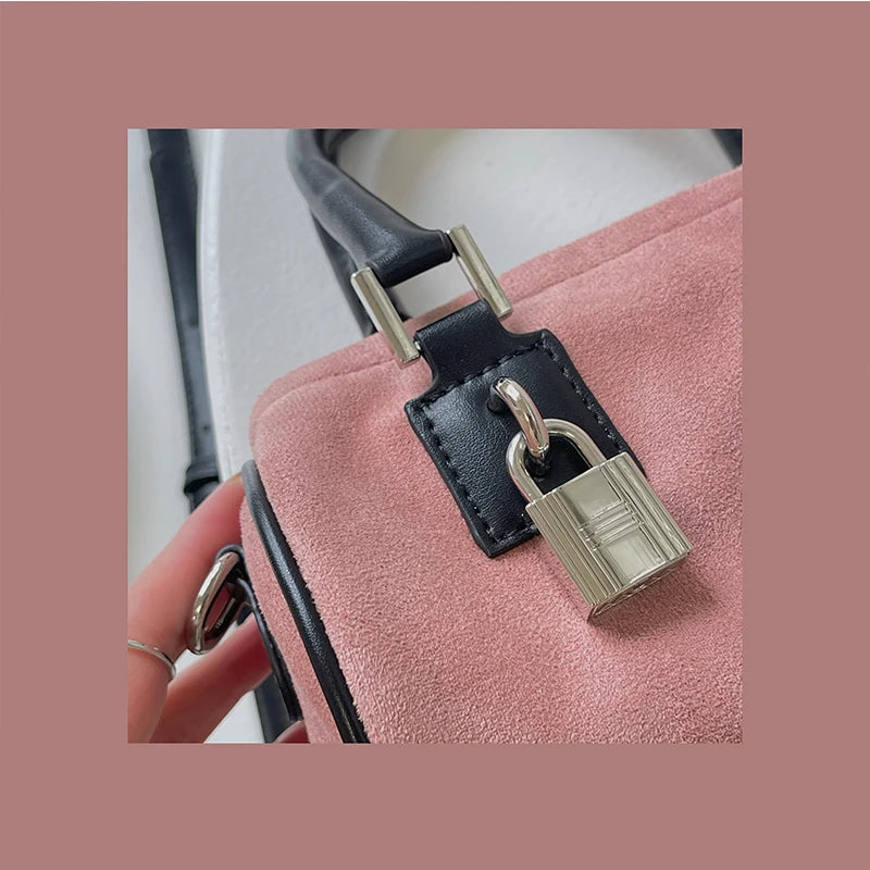 Matte Leather Women's Shoulder Bag Pink Clutch Handbag Lock Cylinder