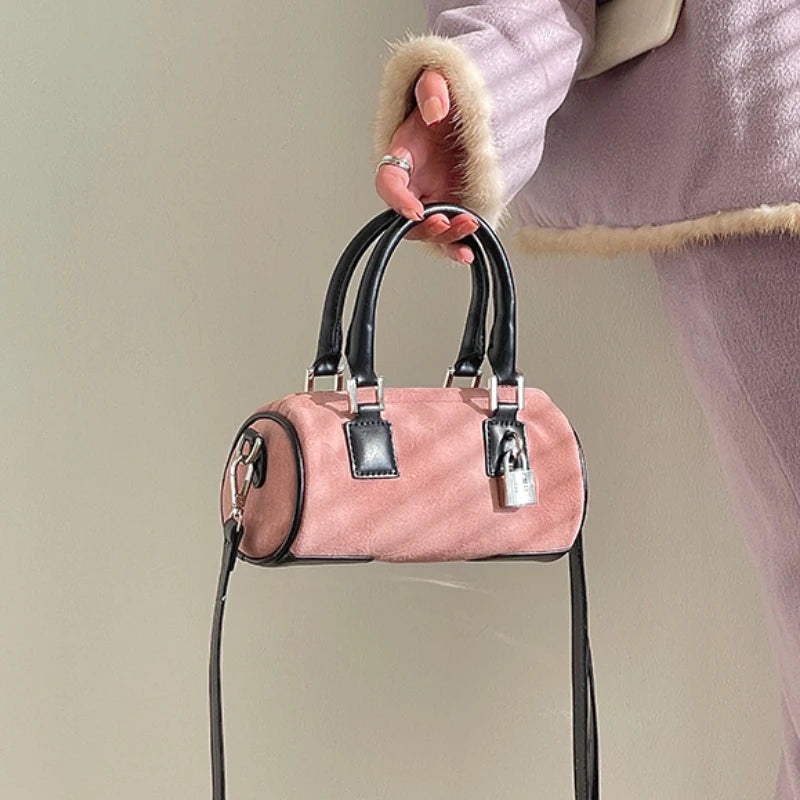 Matte Leather Women's Shoulder Bag Pink Clutch Handbag Lock Cylinder
