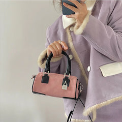 Matte Leather Women's Shoulder Bag Pink Clutch Handbag Lock Cylinder