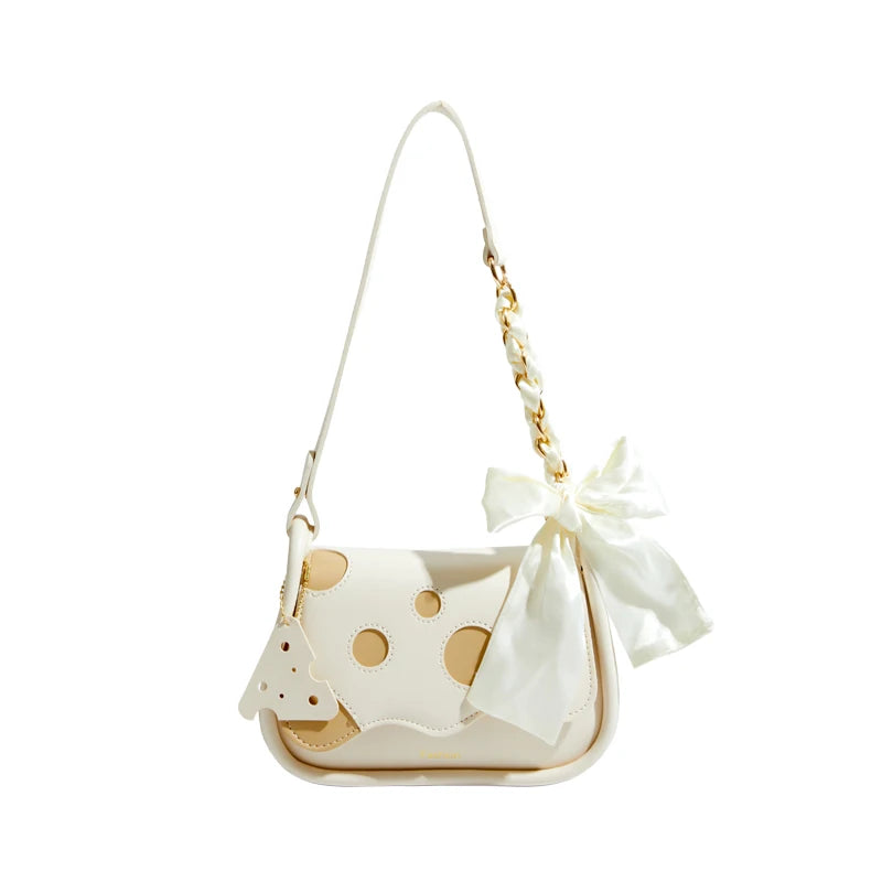 Maxdutti Casual Armpit Bag French Style Silk Bow Dot Leather Single Shoulder Bag
