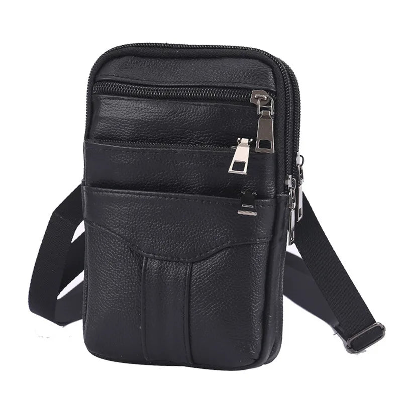 Men Cowhide Leather Fanny Waist Bag Business Phone Purses Shoulder Bag