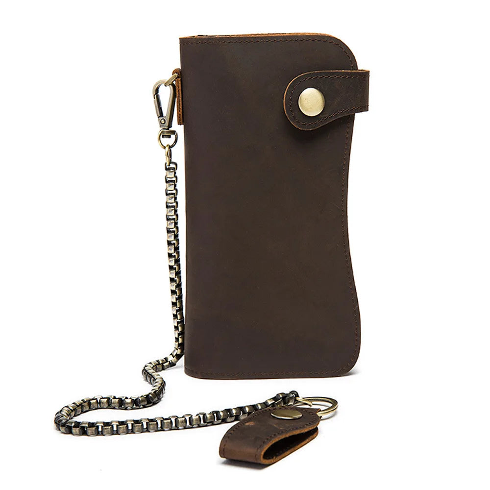 Men Leather Long Wallet with Chain High Retro Crazy Horse Leather Long Purse