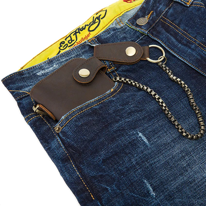 Men Leather Long Wallet with Chain High Retro Crazy Horse Leather Long Purse