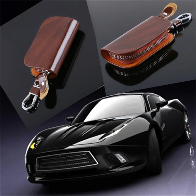 Leather Key Holder Organizer Wallet Keychain Covers Zipper Key Case Bag