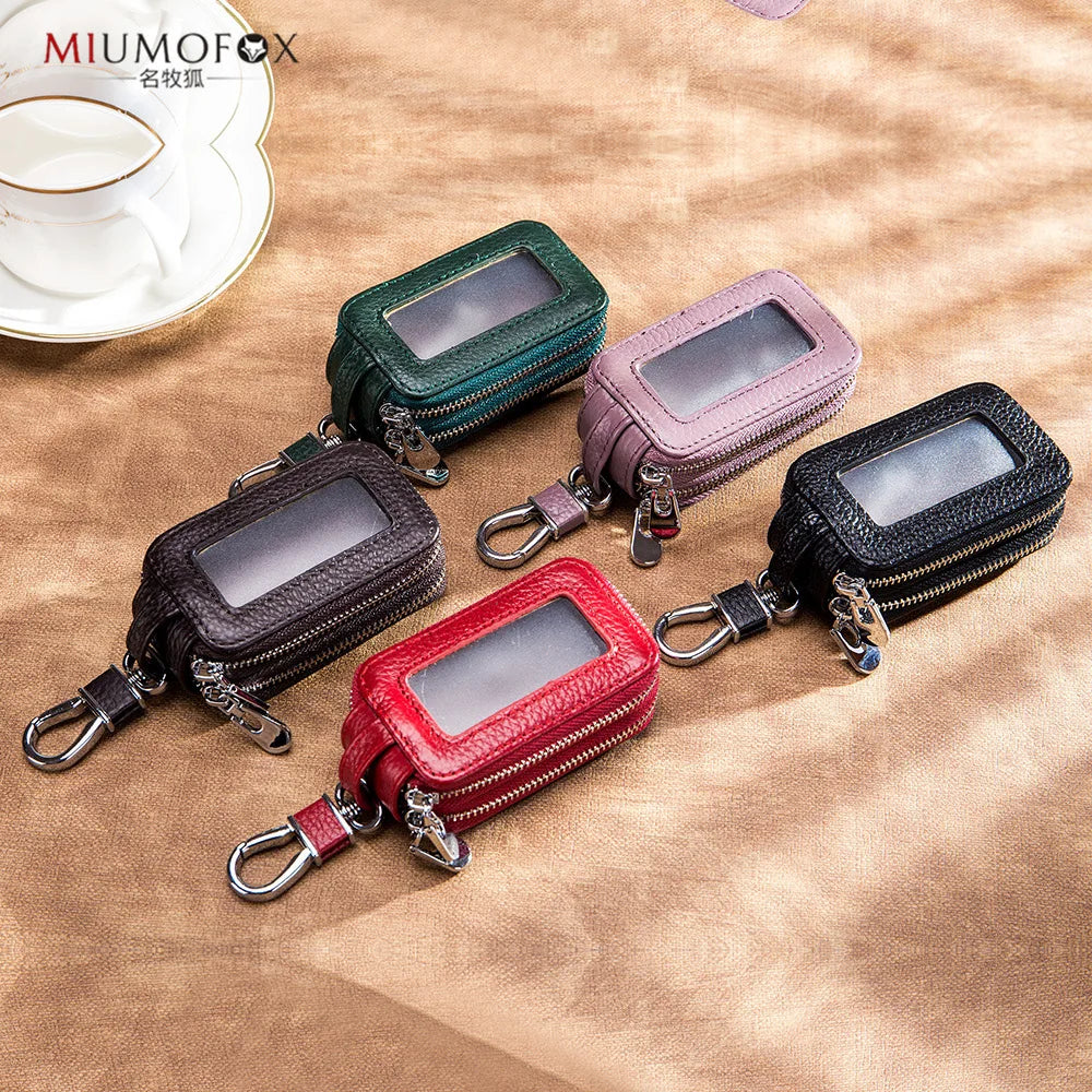 Leather Double-layer Key Organizer with Zipper for Men and Women