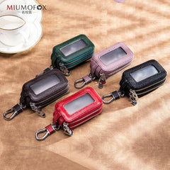 Leather Double-layer Key Organizer with Zipper for Men and Women