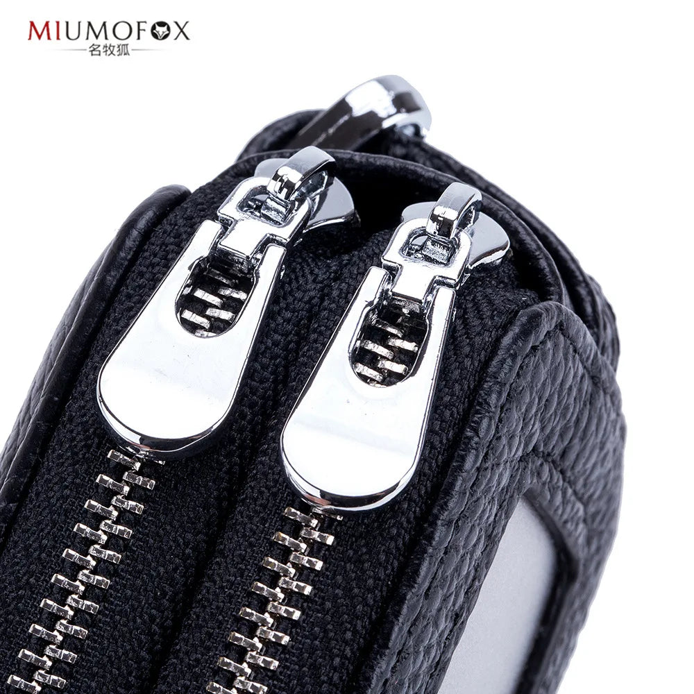 Leather Double-layer Key Organizer with Zipper for Men and Women