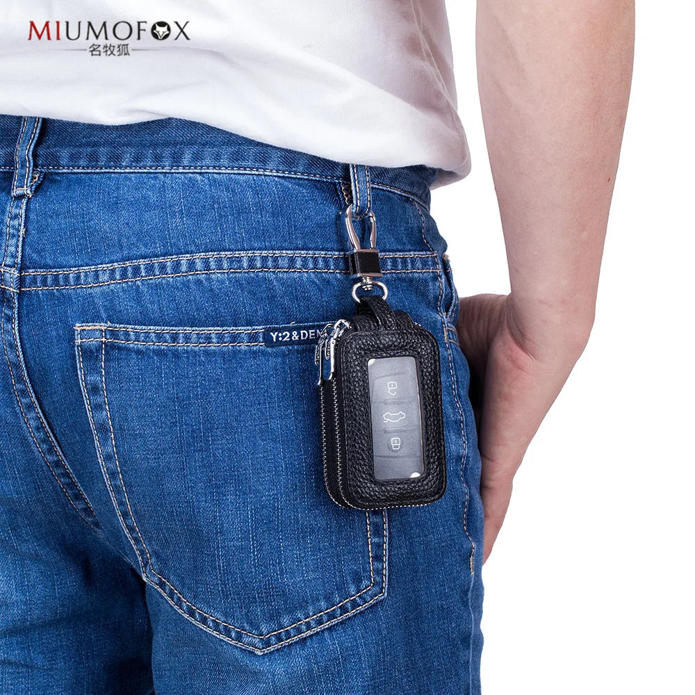 Leather Double-layer Key Organizer with Zipper for Men and Women