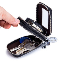 Leather Double-layer Key Organizer with Zipper for Men and Women