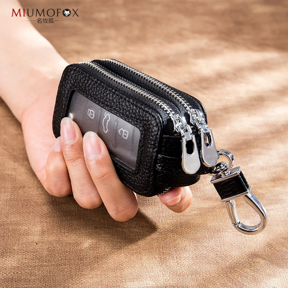 Leather Double-layer Key Organizer with Zipper for Men and Women