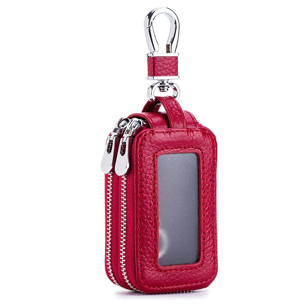 Leather Double-layer Key Organizer with Zipper for Men and Women