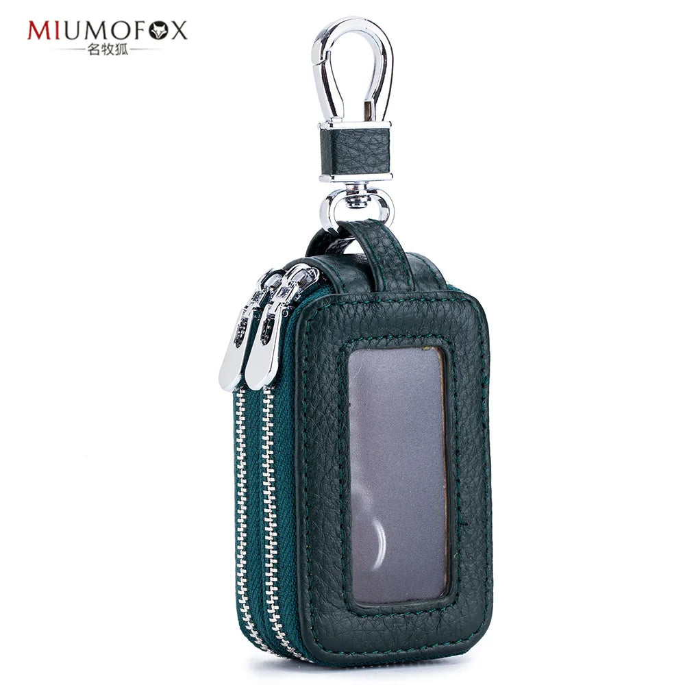 Leather Double-layer Key Organizer with Zipper for Men and Women