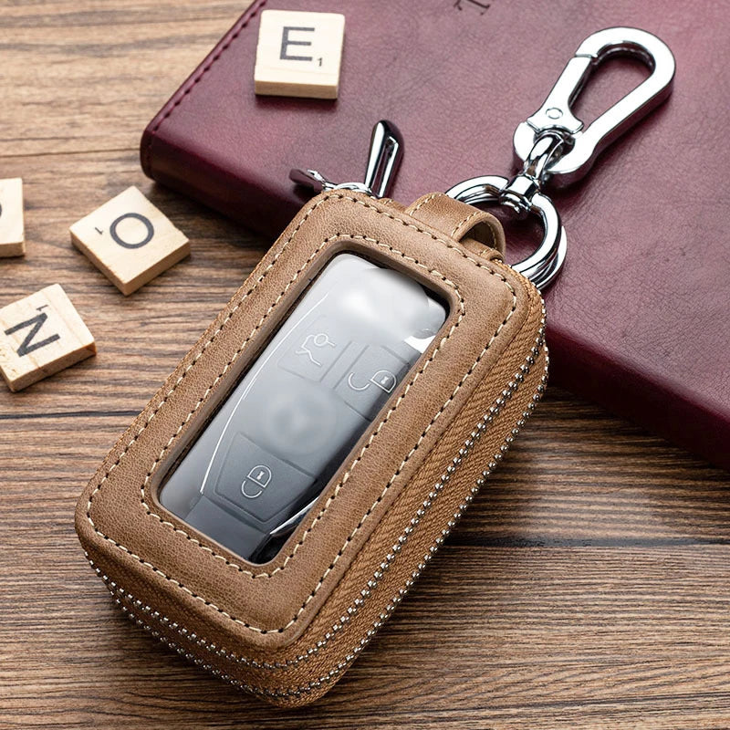 Leather Key Organizer Cover Wallet Zipper Car Key Case Bag